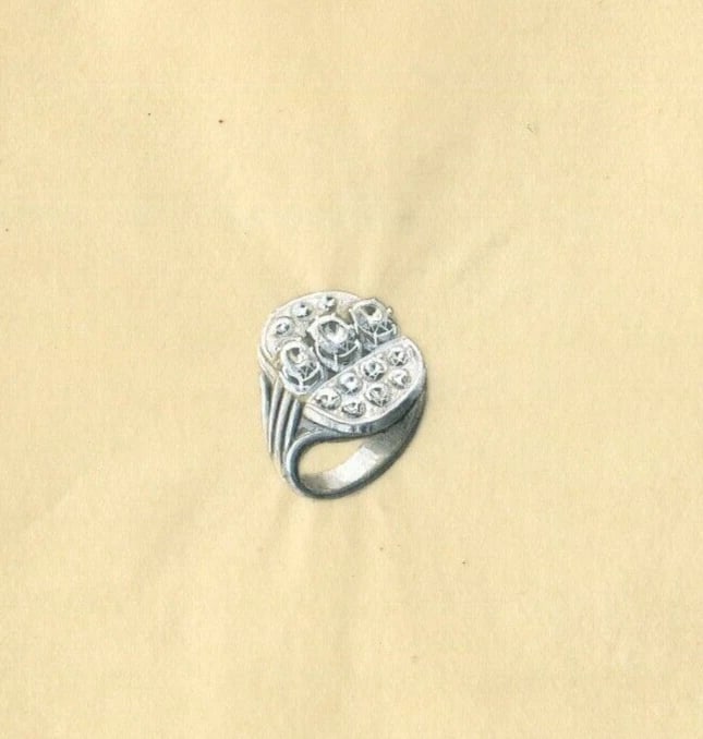 Vintage Original Jewelry Drawing Art Deco Diamond Ring: Title: Vintage Original Jewelry Drawing Art Deco Diamond Ring Description: Pencil and watercolor on tracing paper 16 x 17.5 cm folds Reserve: $50.00 Shipping: Domestic: Flat-rate of $22.00 to anywhere
