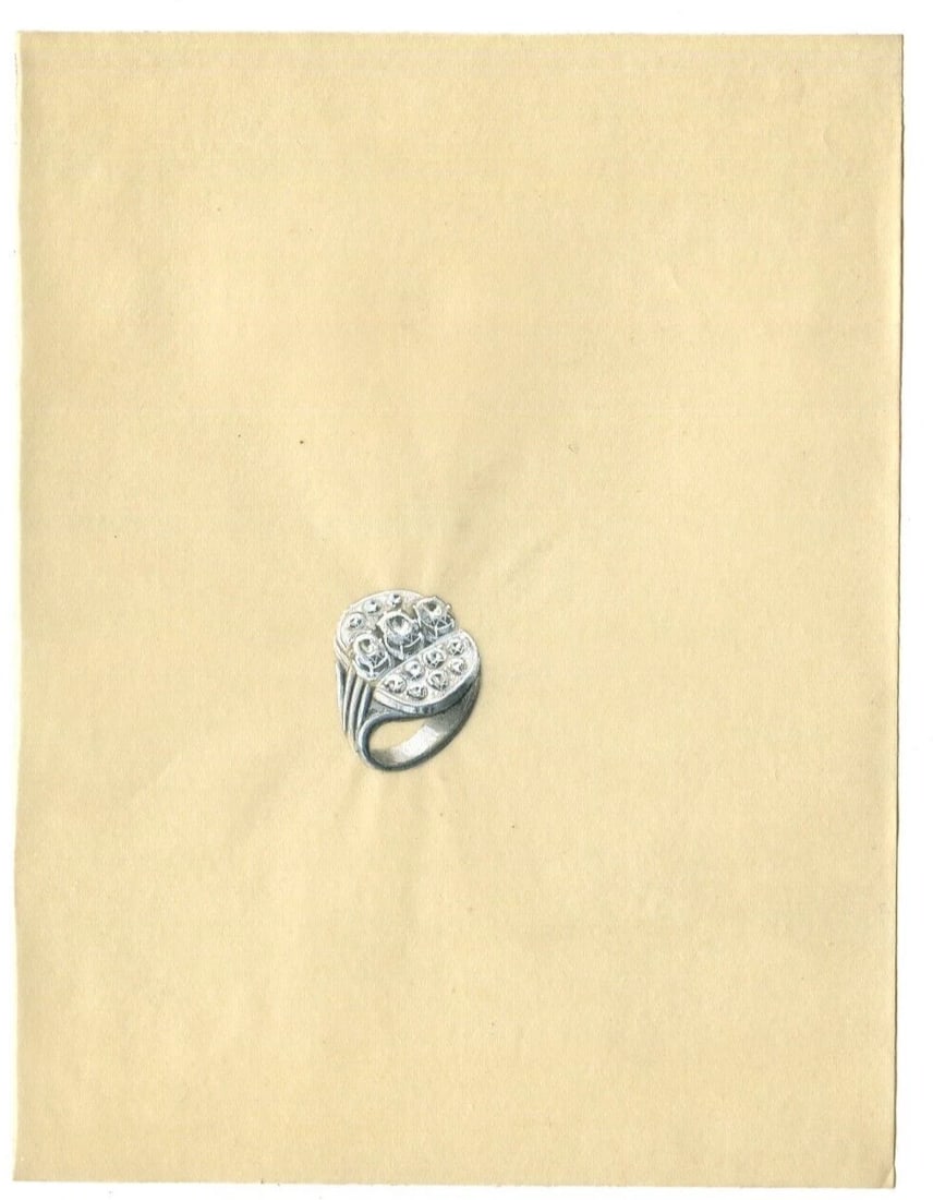Vintage Original Jewelry Drawing Art Deco Diamond Ring - 2