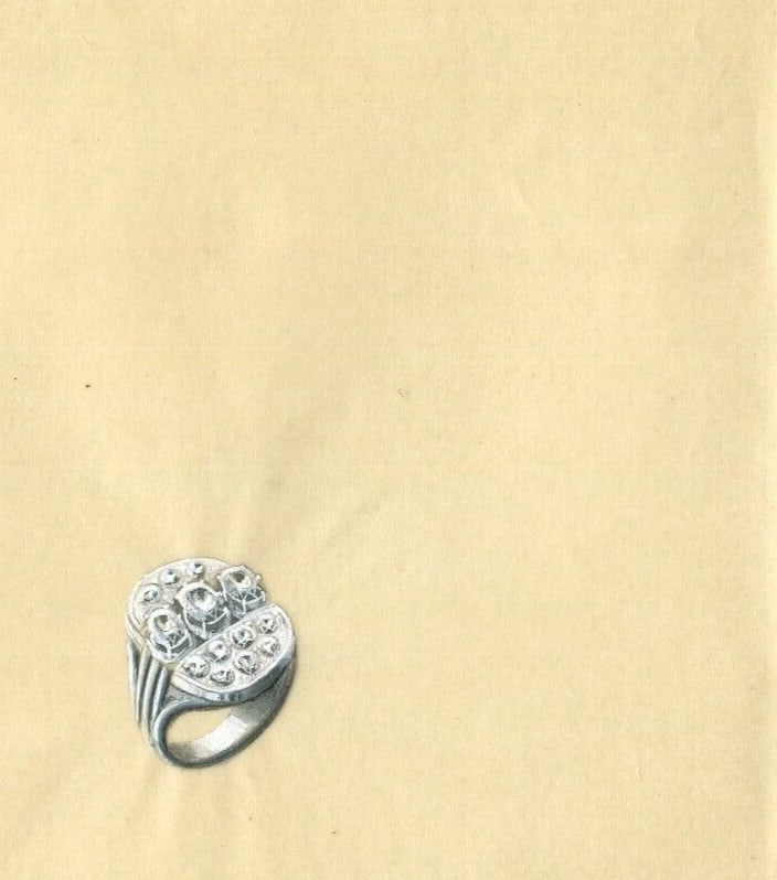 Vintage Original Jewelry Drawing Art Deco Diamond Ring - 6