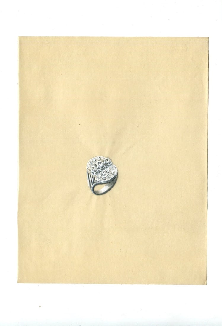 Vintage Original Jewelry Drawing Art Deco Diamond Ring - 7