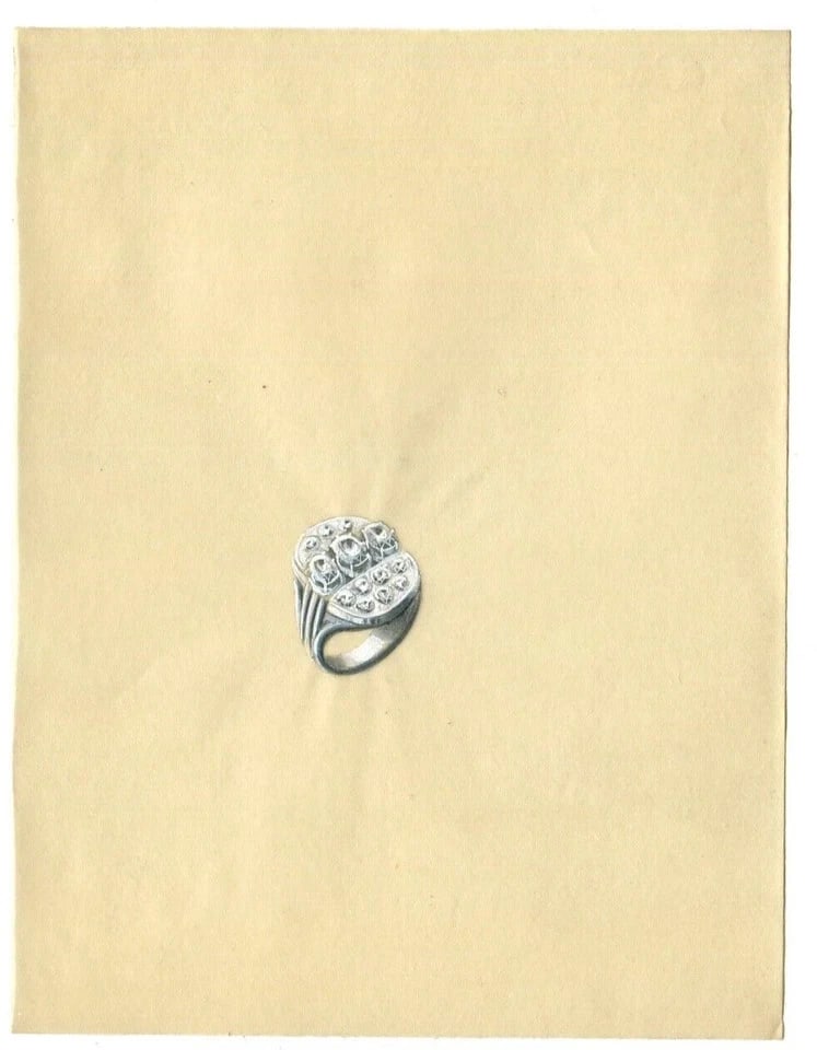 Vintage Original Jewelry Drawing Art Deco Diamond Ring - 8