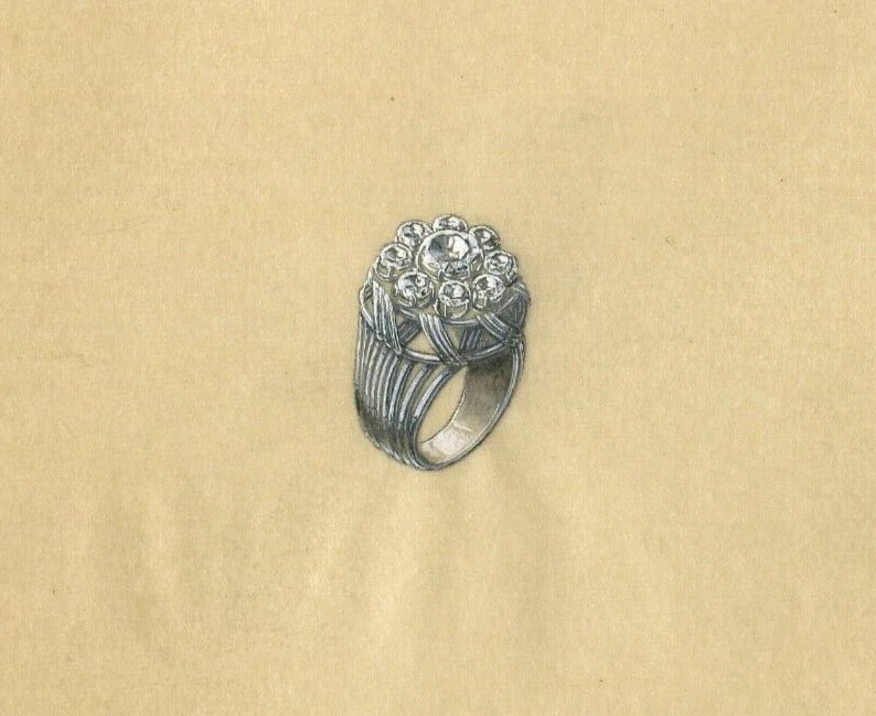 Art Deco Round Diamond Ring - Vintage Original Jewelry Drawing: Title: Art Deco Round Diamond Ring - Vintage Original Jewelry Drawing Description: Pencil and watercolor on tracing paper 16 x 17.5 cm / 6.29 x 6.88 inches folds Reserve: $50.00 Shipping: Domestic: