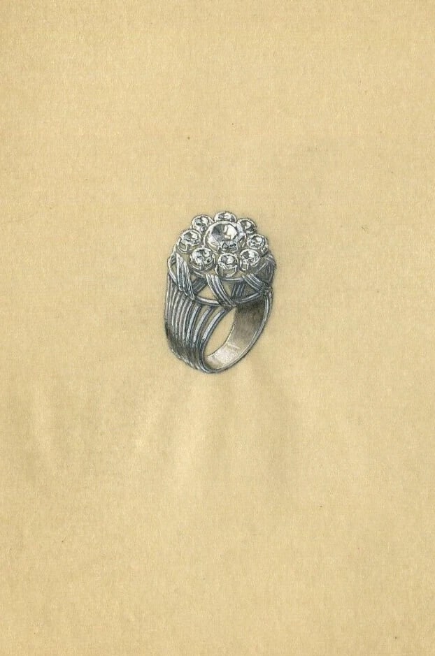 Art Deco Round Diamond Ring - Vintage Original Jewelry Drawing - 5