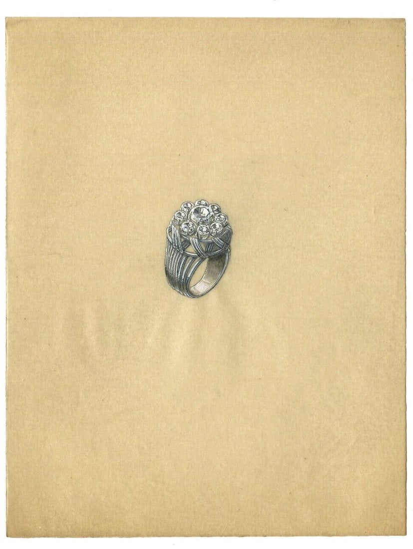 Art Deco Round Diamond Ring - Vintage Original Jewelry Drawing - 6