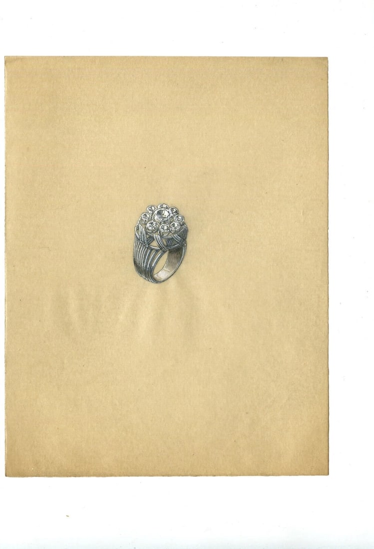 Art Deco Round Diamond Ring - Vintage Original Jewelry Drawing - 7