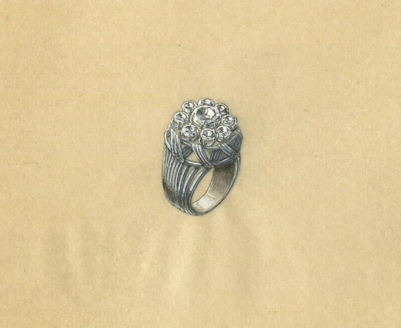 Art Deco Round Diamond Ring - Vintage Original Jewelry Drawing - 8