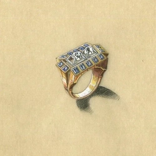 Jewelry Art Deco Gold Diamond Ring - Drawing Vintage Original: Title: Jewelry Art Deco Gold Diamond Ring - Drawing Vintage Original Description: Pencil and watercolor on tracing paper 16 x 17.5 cm / 6.29 x 6.88 inches folds Reserve: $100.00 Shipping: Domestic: Fl