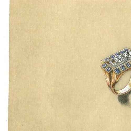 Jewelry Art Deco Gold Diamond Ring - Drawing Vintage Original - 3