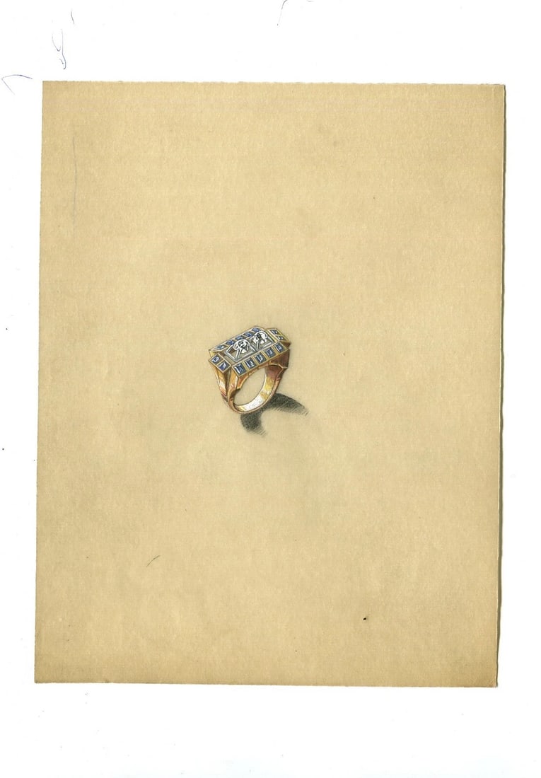 Jewelry Art Deco Gold Diamond Ring - Drawing Vintage Original - 7