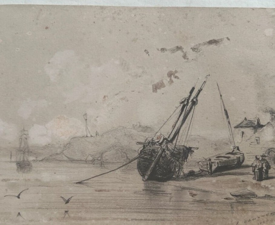 19th century Seaview Landscape with Boat and Figures Antique Pencil Drawing (1 of 8)