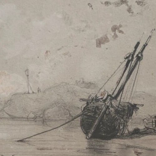 19th century Seaview Landscape with Boat and Figures Antique Pencil Drawing - 3