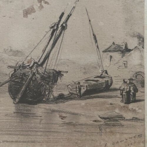 19th century Seaview Landscape with Boat and Figures Antique Pencil Drawing - 4