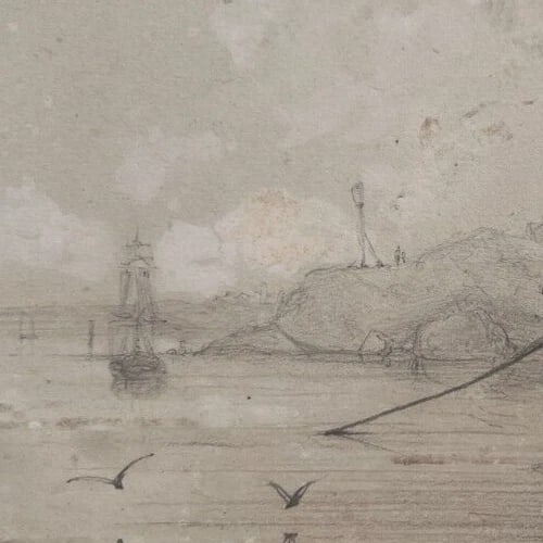 19th century Seaview Landscape with Boat and Figures Antique Pencil Drawing - 5