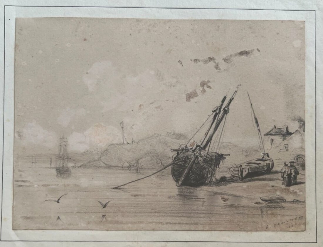 19th century Seaview Landscape with Boat and Figures Antique Pencil Drawing - 6