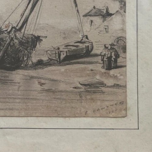 19th century Seaview Landscape with Boat and Figures Antique Pencil Drawing - 7
