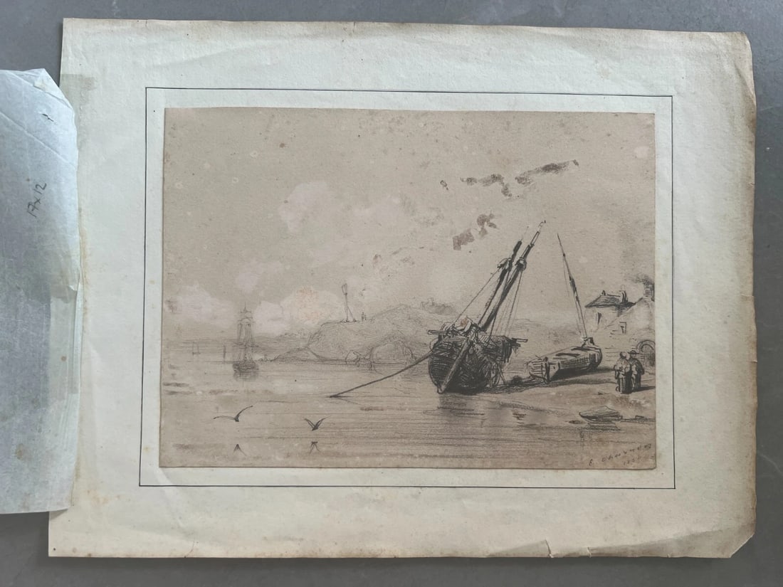19th century Seaview Landscape with Boat and Figures Antique Pencil Drawing - 8