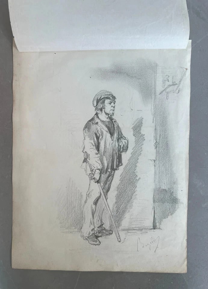 19th century Man Portrait with Stick - Drawing Antique Original signed - 2