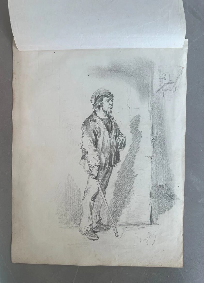 19th century Man Portrait with Stick - Drawing Antique Original signed - 6