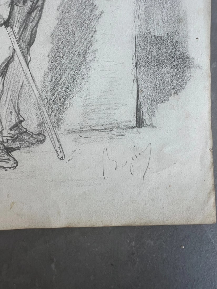19th century Man Portrait with Stick - Drawing Antique Original signed - 7