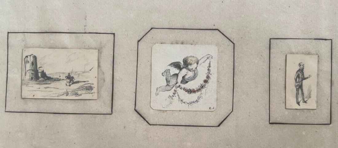 19th century Man Portrait Landscape Angel - Drawing Antique Original signed: Title: 19th century Man Portrait Landscape Angel - Drawing Antique Original signed Description: Ink on paper 3 x 4.5 cm / 3.5 x 3.5 cm / 3 x 2.5 cm stains, laminated on paper Reserve: $100.00 Shipping