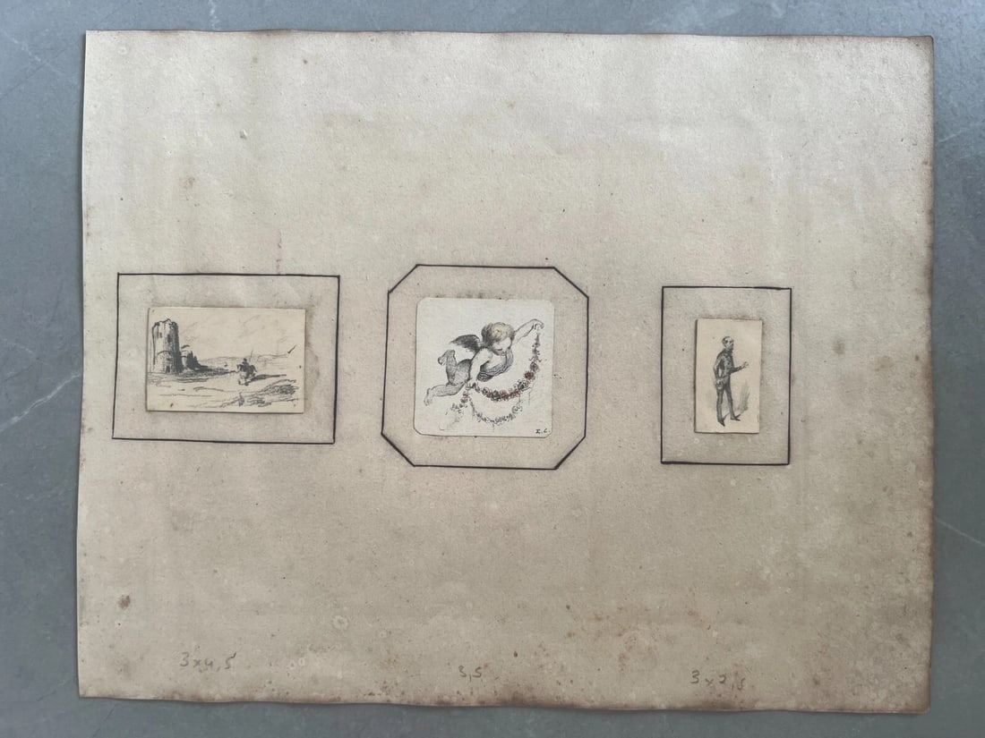 19th century Man Portrait Landscape Angel - Drawing Antique Original signed - 7