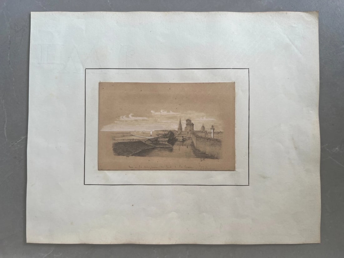 19th century Seaview Landscape Boat People - Drawing Antique Original - 2