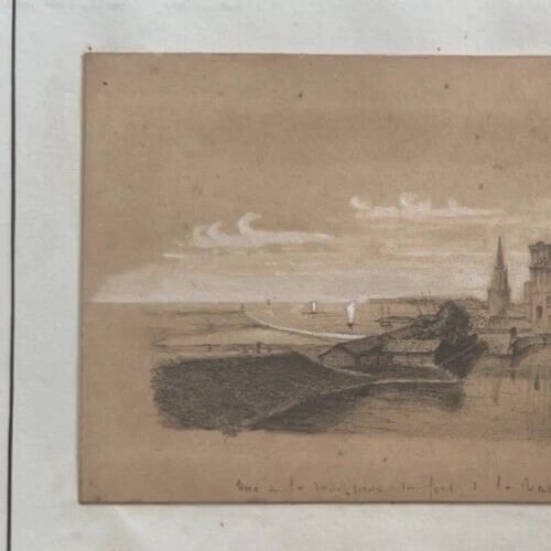 19th century Seaview Landscape Boat People - Drawing Antique Original - 3