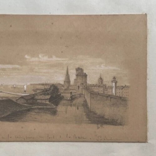 19th century Seaview Landscape Boat People - Drawing Antique Original - 4