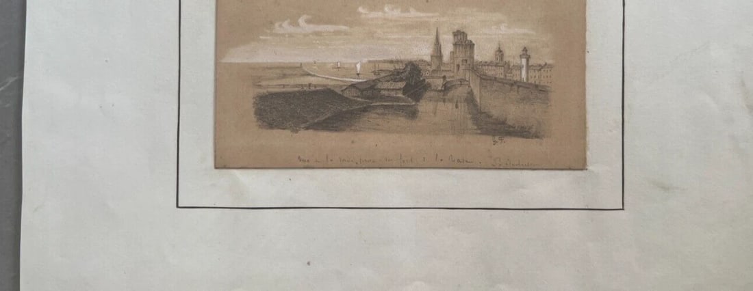 19th century Seaview Landscape Boat People - Drawing Antique Original - 5