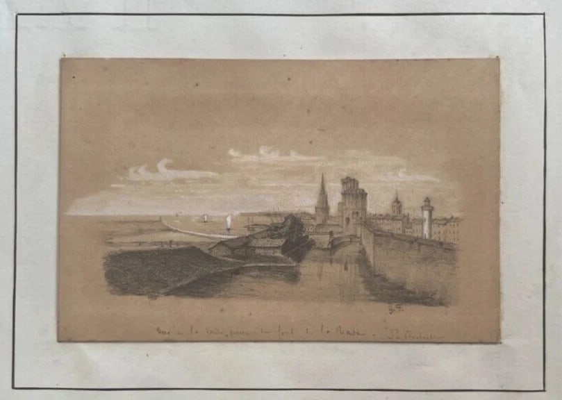 19th century Seaview Landscape Boat People - Drawing Antique Original - 8