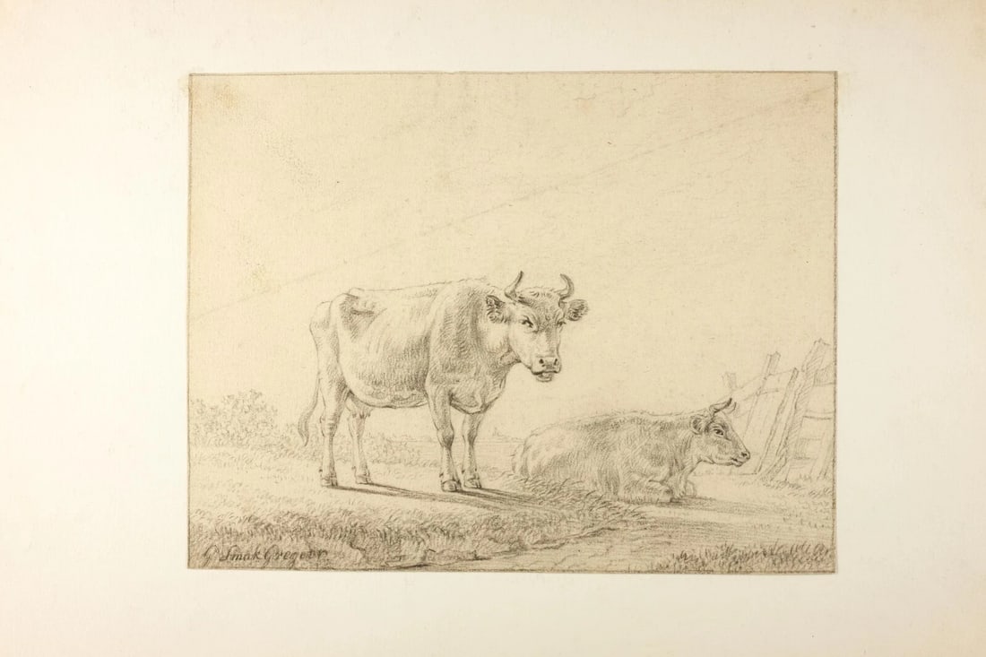 19th century Animal Cows Antique - Pencil Drawing Original - 4
