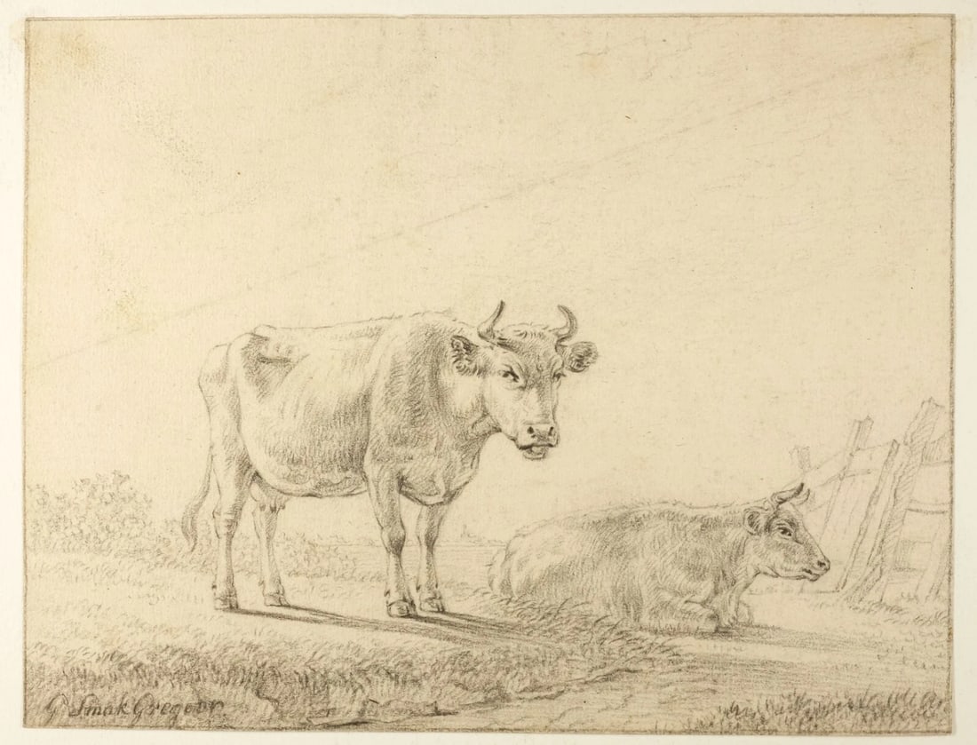 19th century Animal Cows Antique - Pencil Drawing Original - 6
