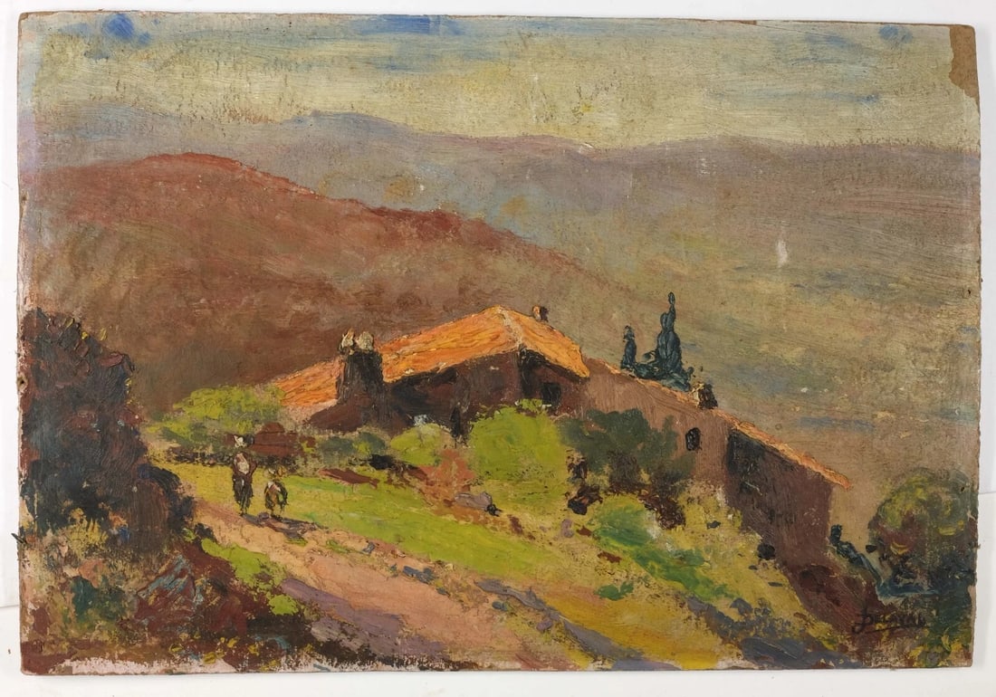 Landscape Village People Mountain Antique Original Painting Signed - 2