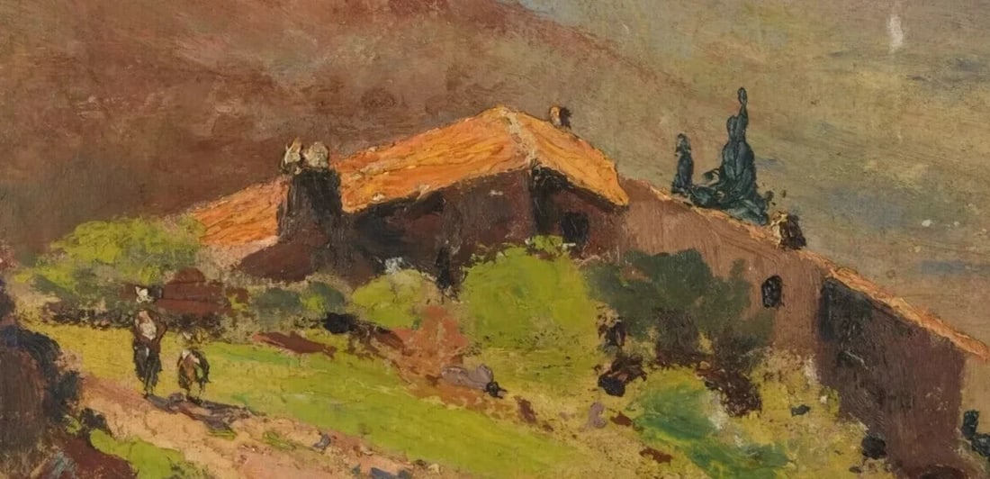 Landscape Village People Mountain Antique Original Painting Signed - 3