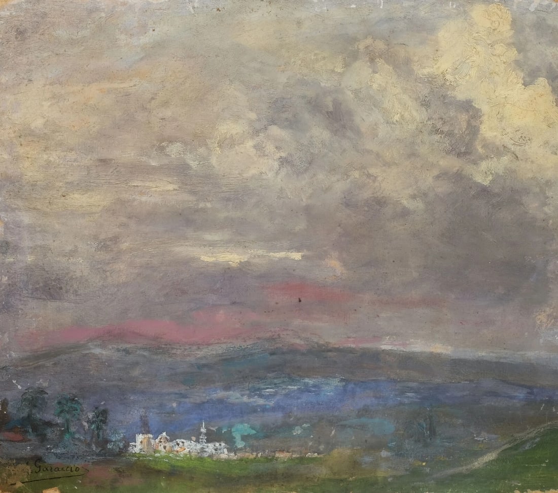 Landscape A. GARACCIO (XX) City, Sunset - Painting Antique Original Signed: Title: Landscape A. GARACCIO (XX) City, Sunset - Painting Antique Original Signed Description: Oil on cardboard 33 x 37 cm / 12.99 x 14.56 inches scratches Reserve: $100.00 Shipping: Domestic: Flat-ra