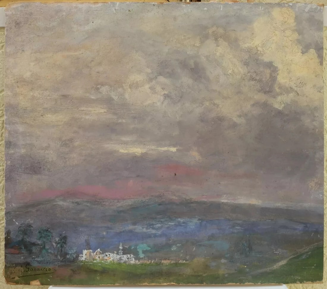 Landscape A. GARACCIO (XX) City, Sunset - Painting Antique Original Signed - 3