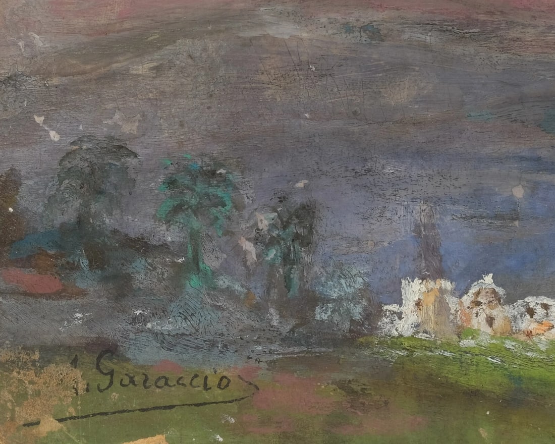 Landscape A. GARACCIO (XX) City, Sunset - Painting Antique Original Signed - 4