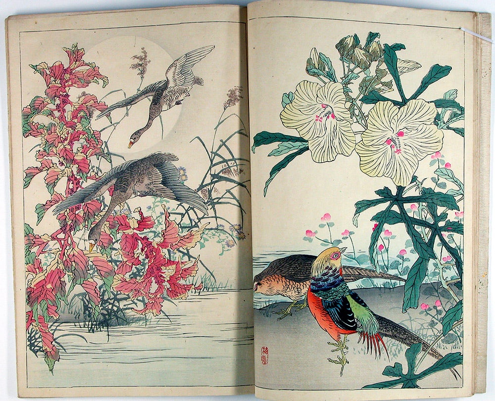 Kono BAIREI (1844-95): A Book of Drawings of Flowers and Birds by Bairei - complete in 2 vols.: Artist: Kono BAIREI (1844-95) Title:A Book of Drawings of Flowers and Birds by Bairei - complete in 2 vols. Publisher:Okura Yasugoro Date:1899 Medium:woodblock prints Size/Format:c. 14.5" x 10" Descri