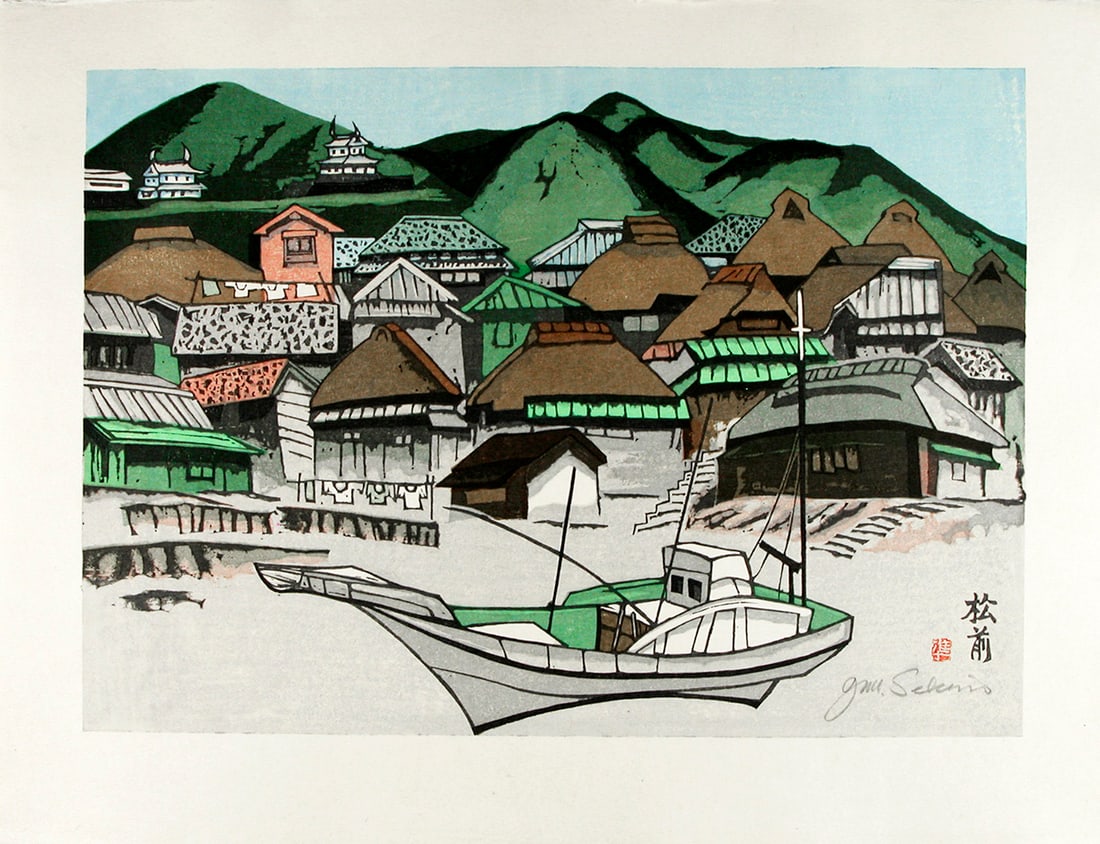 SEKINO Jun'ichiro (1914-1988): Matsumae: Artist: SEKINO Jun'ichiro (1914-1988) Title:Matsumae Series: from: "Hokkaido" Publisher:self published Date:1976 Medium:Woodblock print Size/Format:dai-oban tate-e (c. 22" x 17" overall) Description: