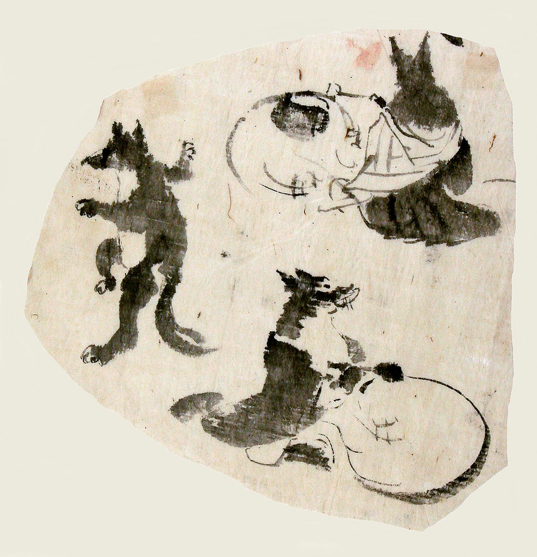KUNIYOSHI, Utagawa (1797-1861): Silhouettes of three foxes engaged in human activities.: Artist: KUNIYOSHI, Utagawa (1797-1861) Title:Silhouettes of three foxes engaged in human activities. Series: From a group of Kuniyoshi drawings collected at the artist's school, serving as study mater