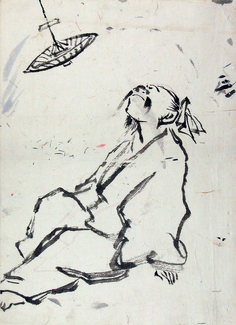 KUNISADA, Utagawa (1786-1865): Watching an umbrella flying in the wind.: Artist: KUNISADA, Utagawa (1786-1865) Title:Watching an umbrella flying in the wind. Date:early 1830s Medium:Brush drawing in black ink Size/Format:13" x 9 1/2" Description:With just a few brush strok