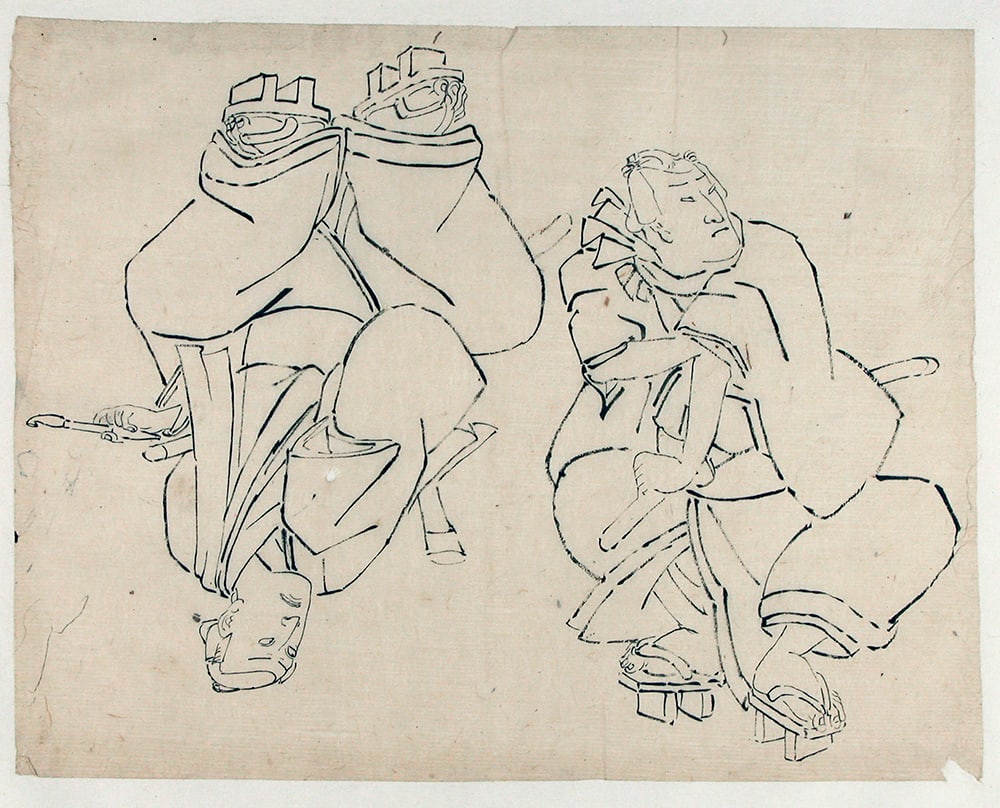 UTAGAWA school (attr. to): Figure studies of two kabuki actors in the roles of samurai: Artist: UTAGAWA school (attr. to) Title:Figure studies of two kabuki actors in the roles of samurai Date:later 19th c. Medium:Black ink ('sumi') on paper. Size/Format:c. 10.5" x 8.5"
