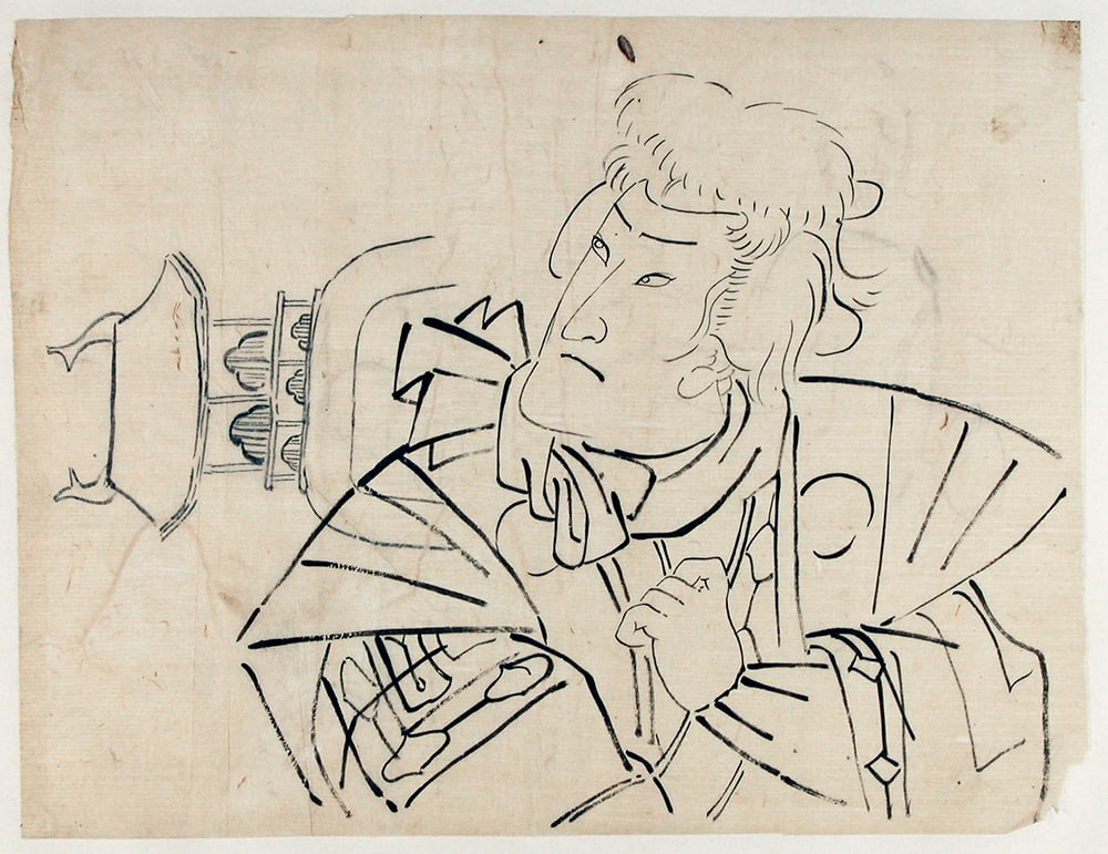 UTAGAWA school (attr. to): Half-length portrait of a kabuki actor, with sketch of a scenic element (1 of 1)