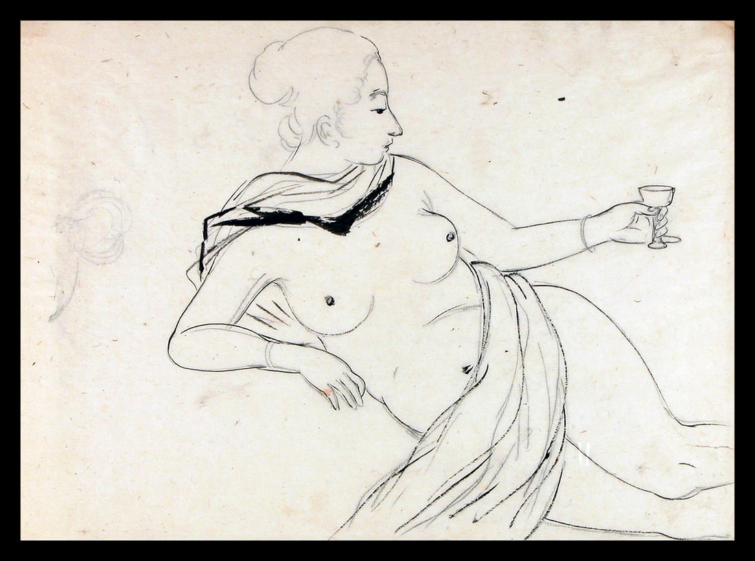 (Unidentified artist): Recling figure holding a wine glass: Artist: (Unidentified artist) Title:Recling figure holding a wine glass Series: Preparatory drawing. Date:Early 20th century Medium:Black ink ('sumi') on paper. Size/Format:c. 7 3/4" x 10 1/2"