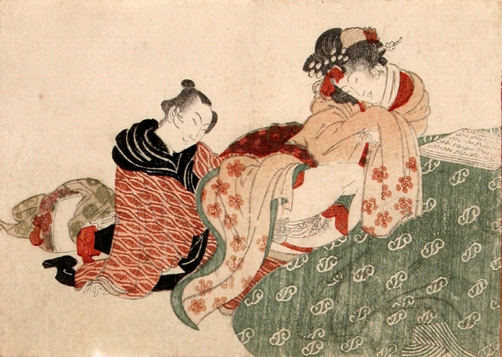 Anonymous - 3 prints: Couples: Artist: Anonymous - 3 prints Title:Couples Series: From a series of shunga prints Date:c. 1830s-50s Medium:woodblock print Size/Format:koban (c. 3.5" x 5") Description: Condition:Good Reserve: