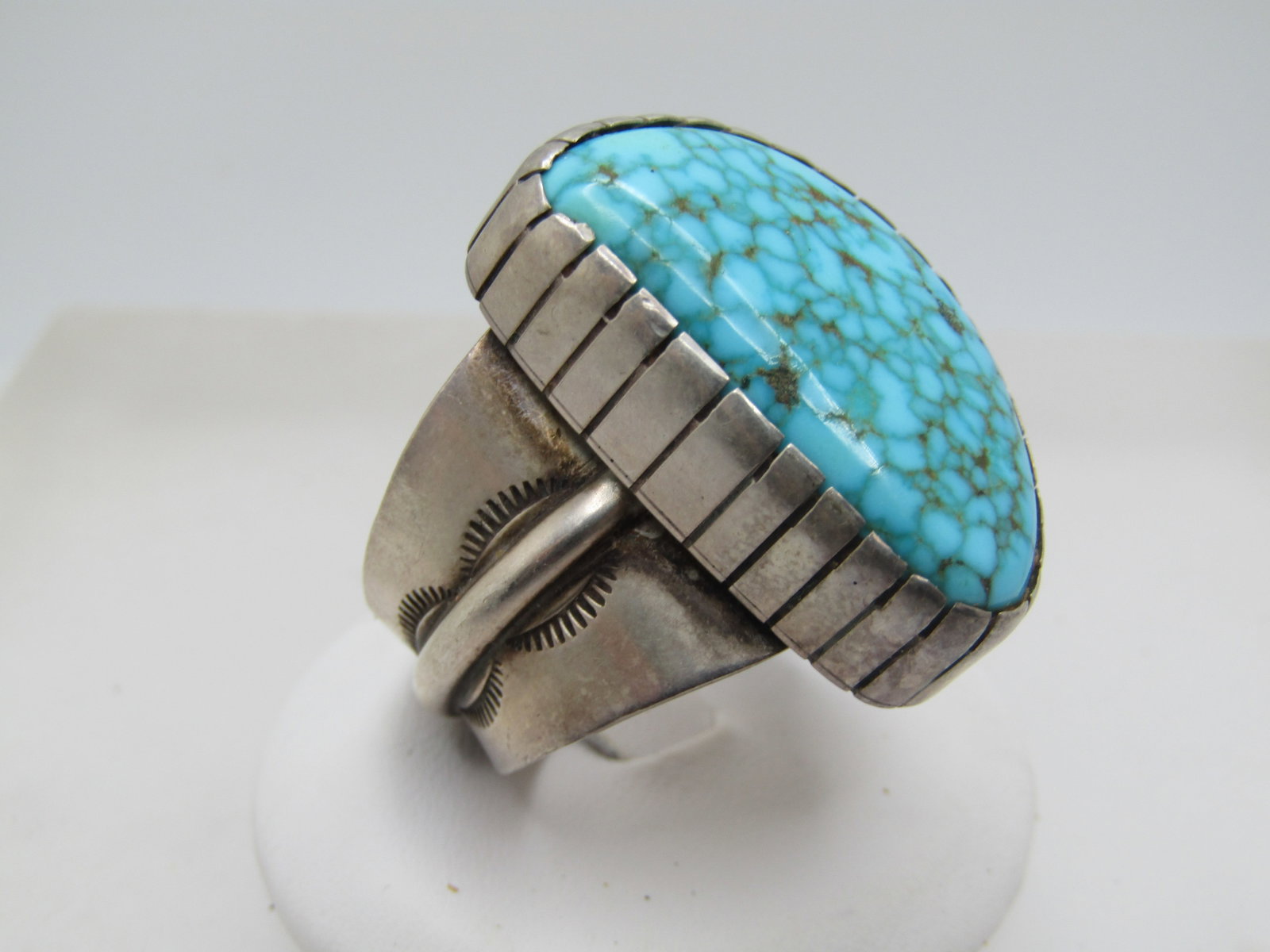 Vintage Sterling Southwestern Webbed Turquoise Ring, Sz. 11, Wide, 1960's-1970's, Signed - 2