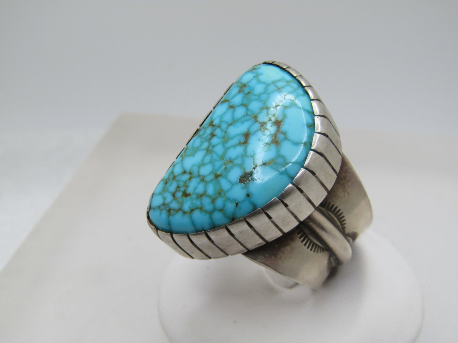 Vintage Sterling Southwestern Webbed Turquoise Ring, Sz. 11, Wide, 1960's-1970's, Signed - 3