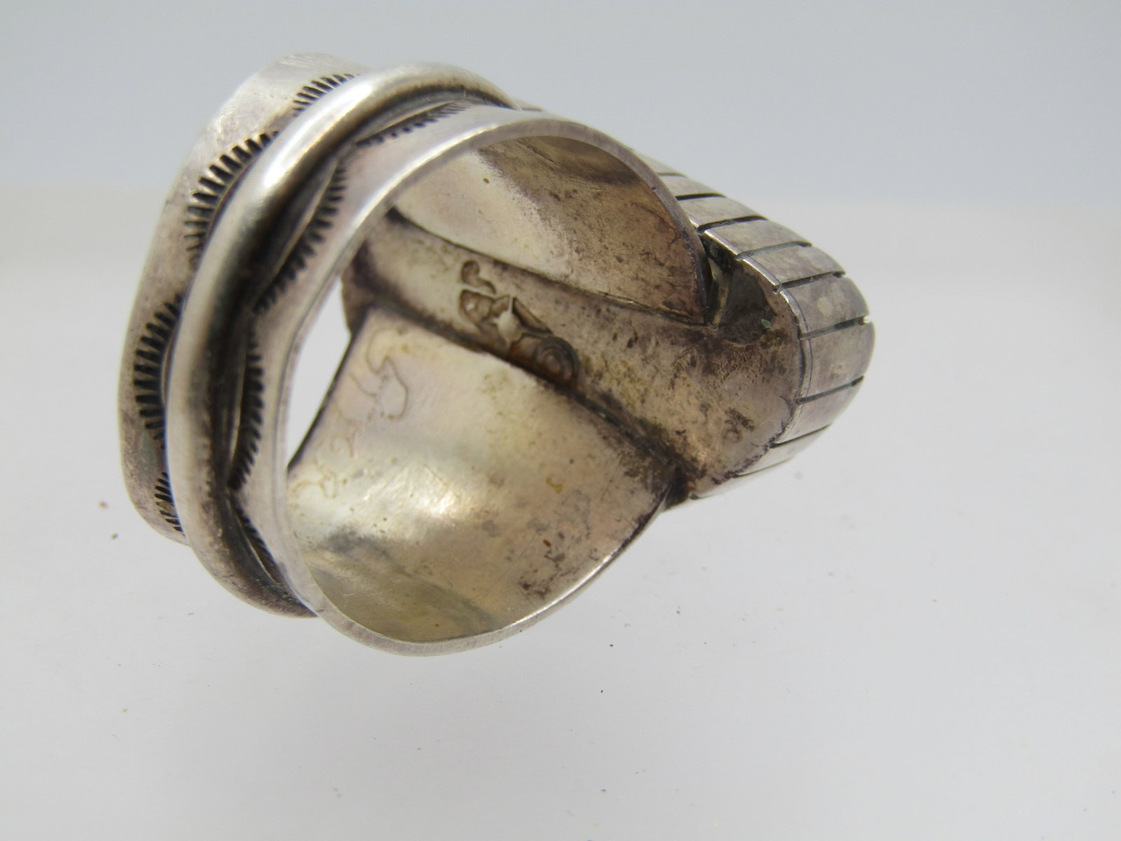 Vintage Sterling Southwestern Webbed Turquoise Ring, Sz. 11, Wide, 1960's-1970's, Signed - 6