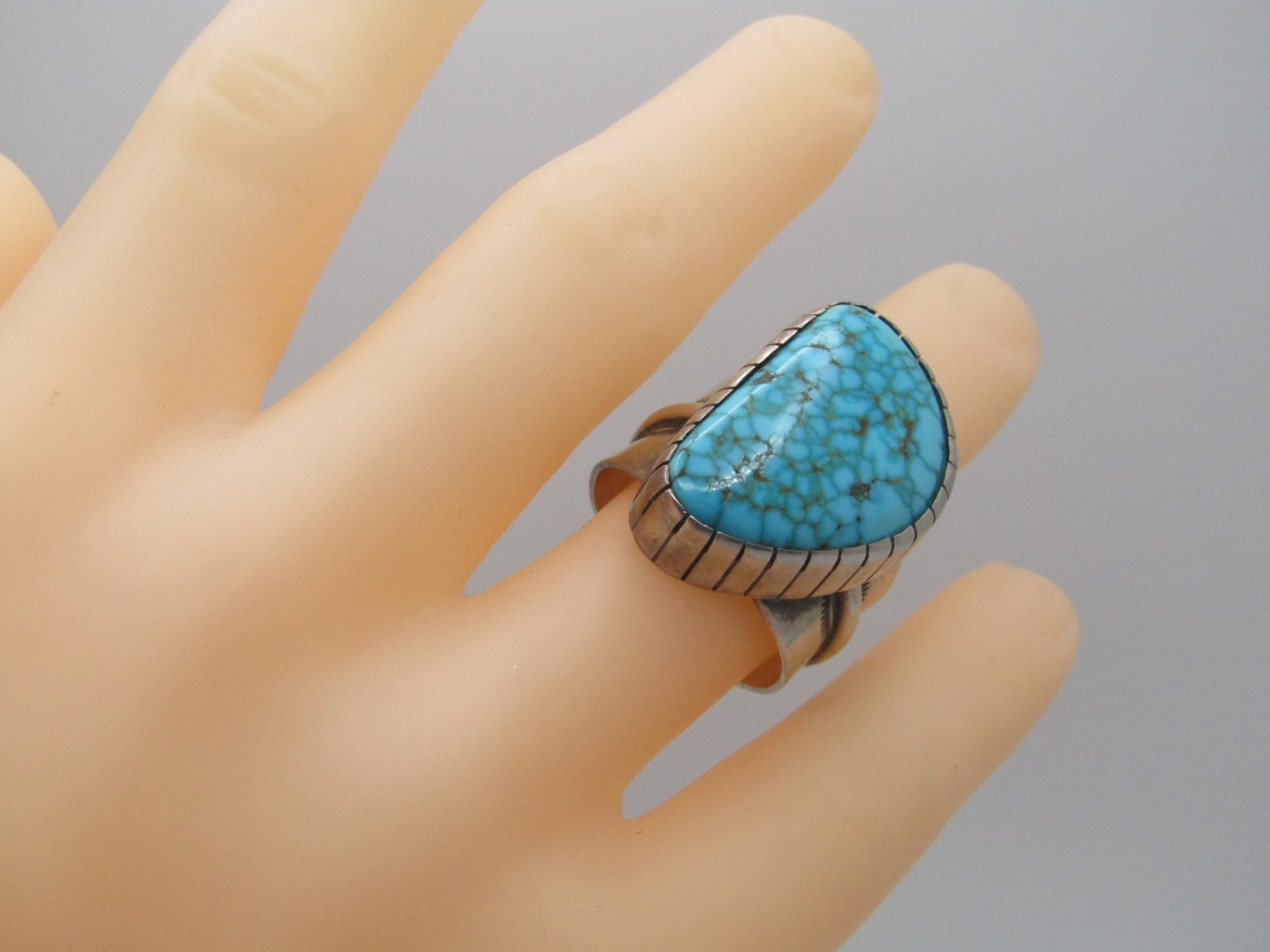 Vintage Sterling Southwestern Webbed Turquoise Ring, Sz. 11, Wide, 1960's-1970's, Signed - 7