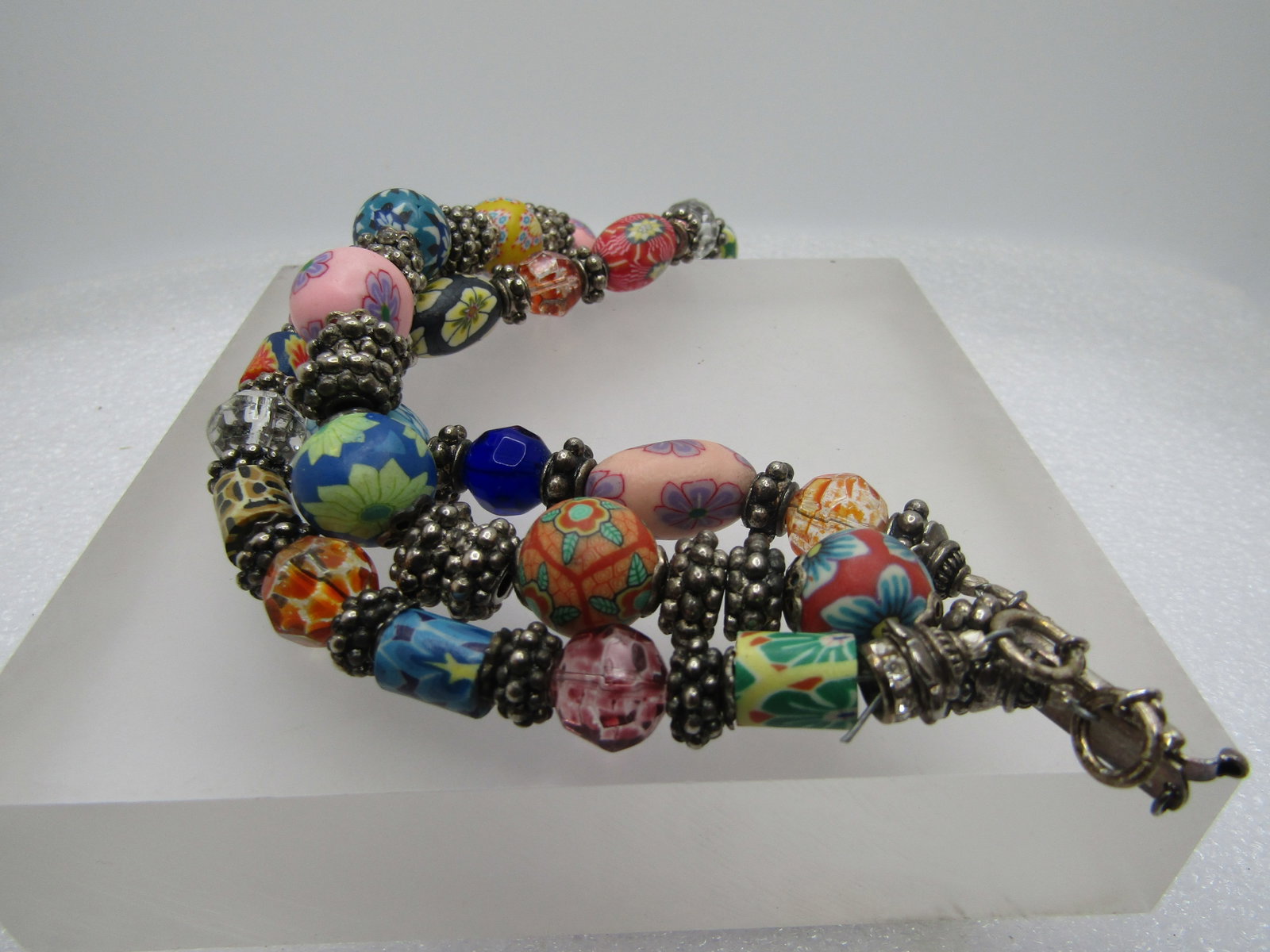 Vintage Sterling Triple Strand Floral, Glass, Crystal Beaded Bracelet, 8" - 2